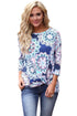Sexy Blue Long Sleeve Knotted Boho Print Blouse